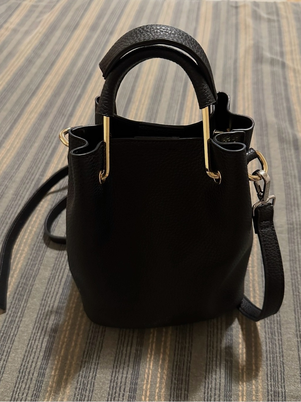 Steve Madden Black Mini Bucket Crossbody with Gold Accents